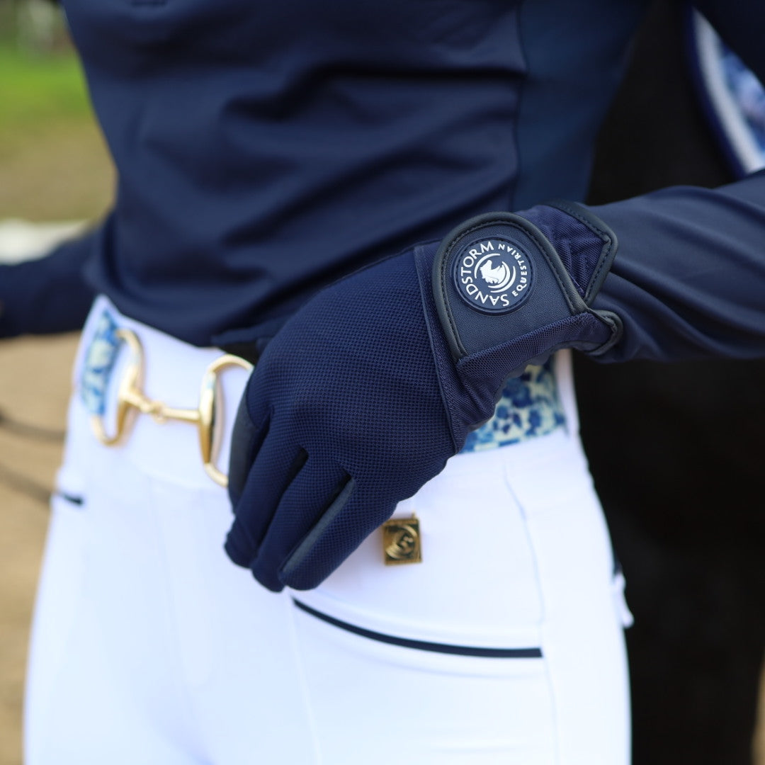 Sandstorm Equestrian - Lux Performance Hybrid Leggings - White with Navy Seat