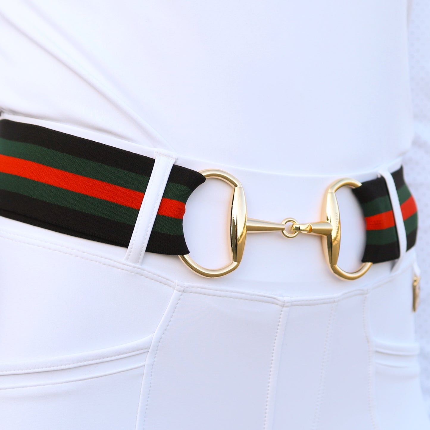 Sandstorm Equestrian - Gold Snaffle Belt - Black/Green/Red Stripe