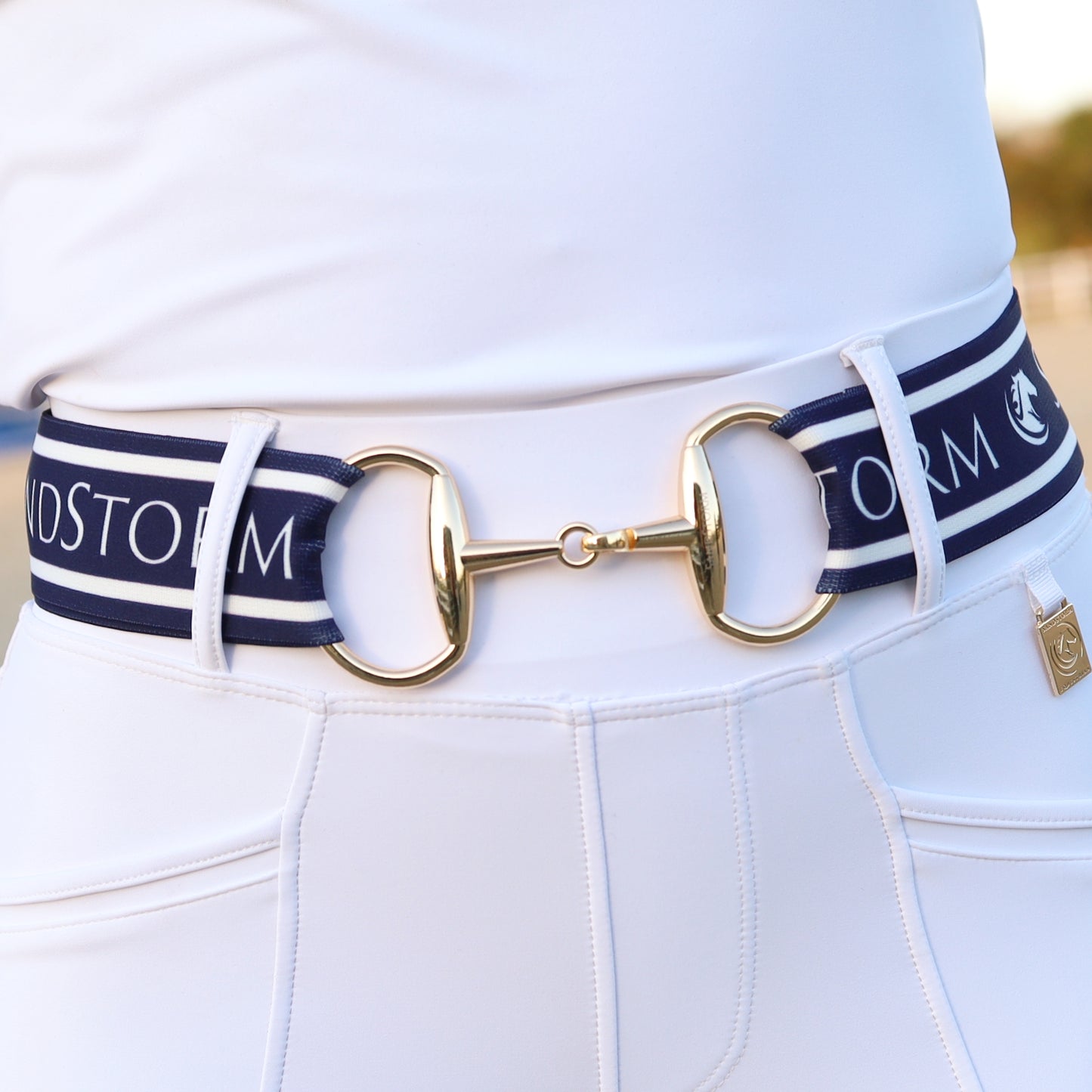 Sandstorm Equestrian - Gold Snaffle Belt - Navy Logo Print