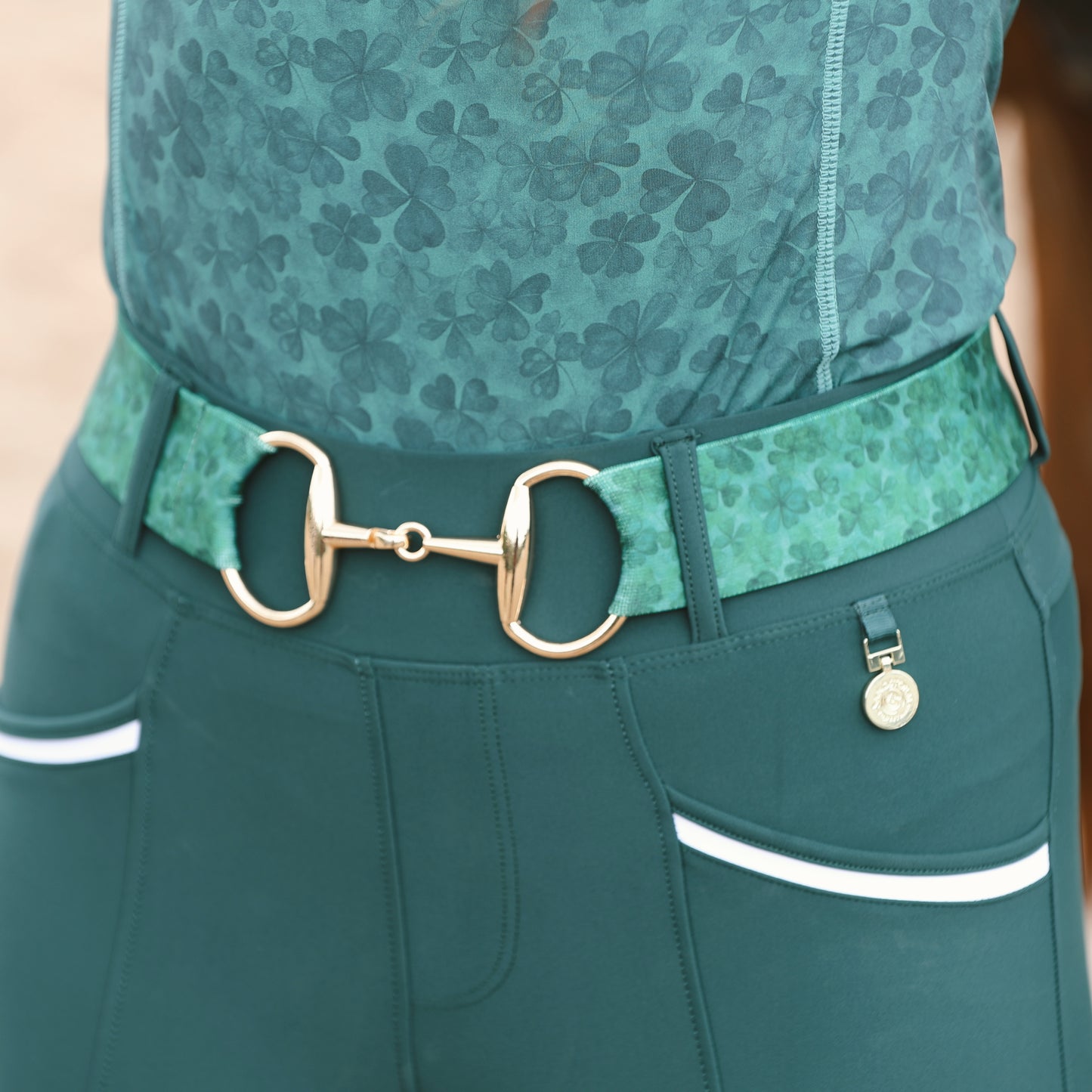 Sandstorm Equestrian - Gold Logo Snaffle Belt - Shamrock Print