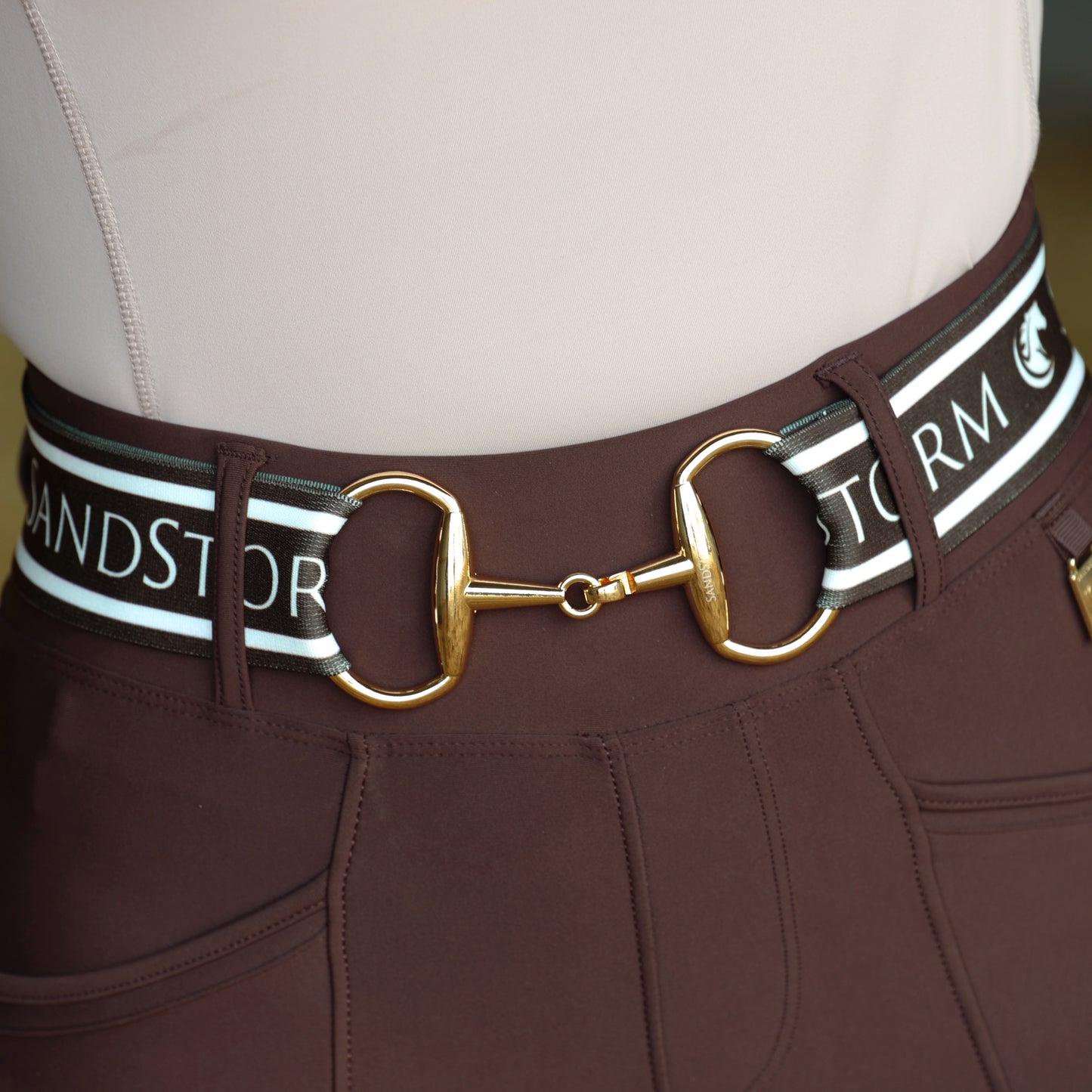 Sandstorm Equestrian - Gold Snaffle Belt - Brown Logo Print
