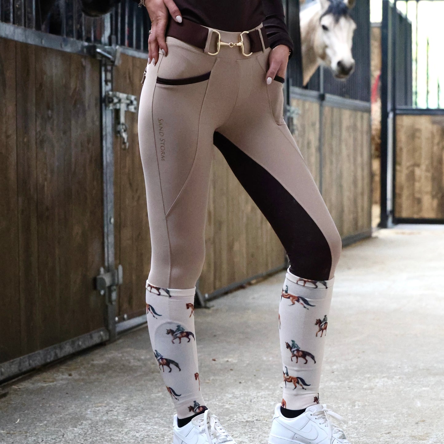 Sandstorm Equestrian - Luxe Performance Hybrid Leggings - Beige with chocolate seat