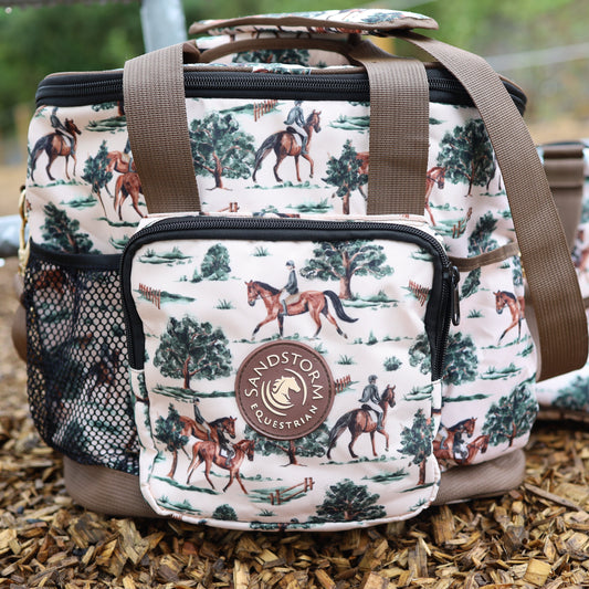 Patterned bag with horse and rider design on a wooden surface, featuring the brand 'Sandstorm'.