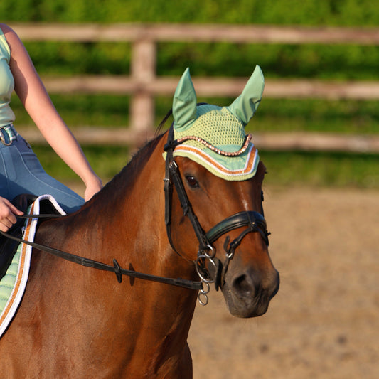 Sandstorm Equestrian X Phoebe Scholtens -  Ear Veil - Matcha Green with  Rose Gold Sparkle