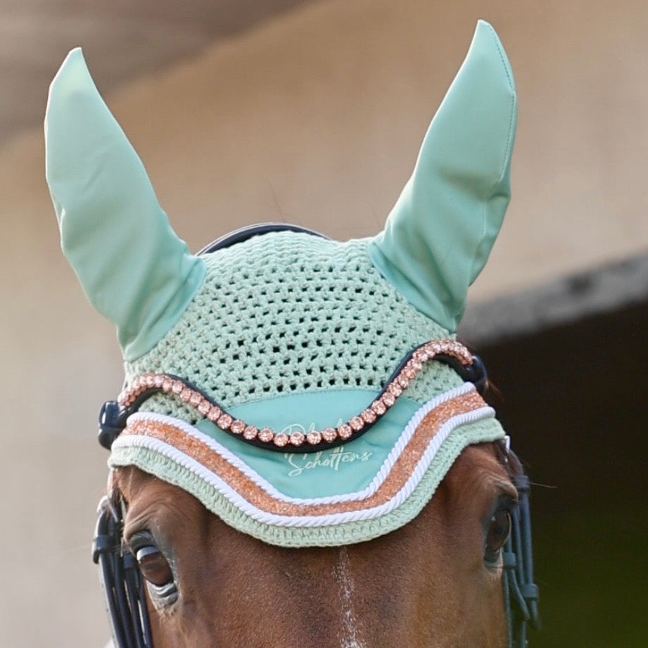 Sandstorm Equestrian X Phoebe Scholtens -  Ear Veil - Matcha Green with  Rose Gold Sparkle
