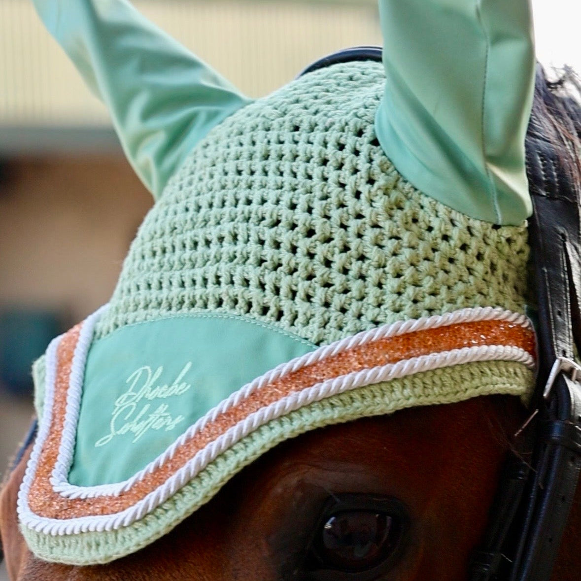 Sandstorm Equestrian X Phoebe Scholtens -  Ear Veil - Matcha Green with  Rose Gold Sparkle