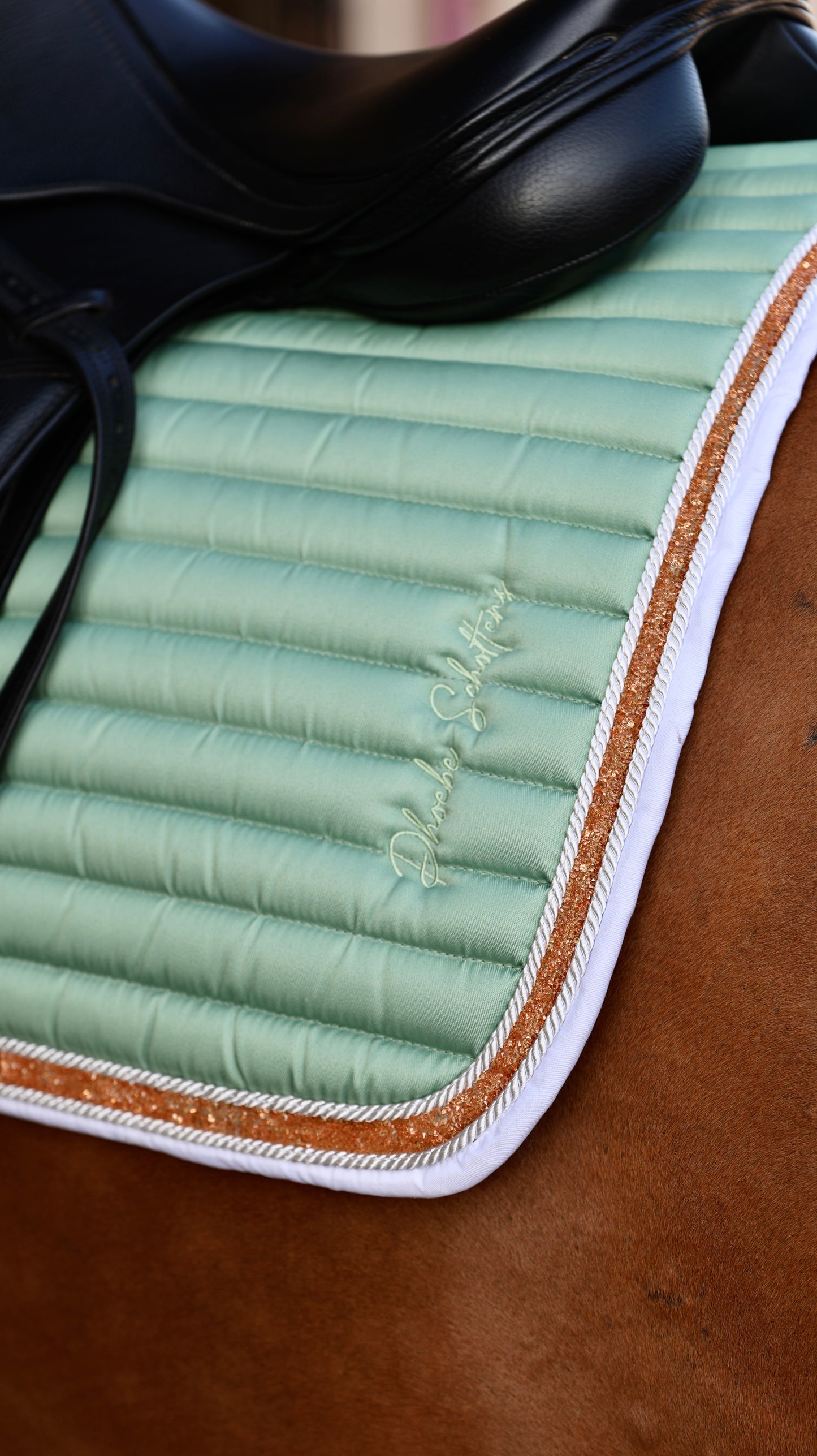 Sandstorm Equestrian X Phoebe Scholtens - Saddle Pad - Matcha Green with Rose Gold Sparkle