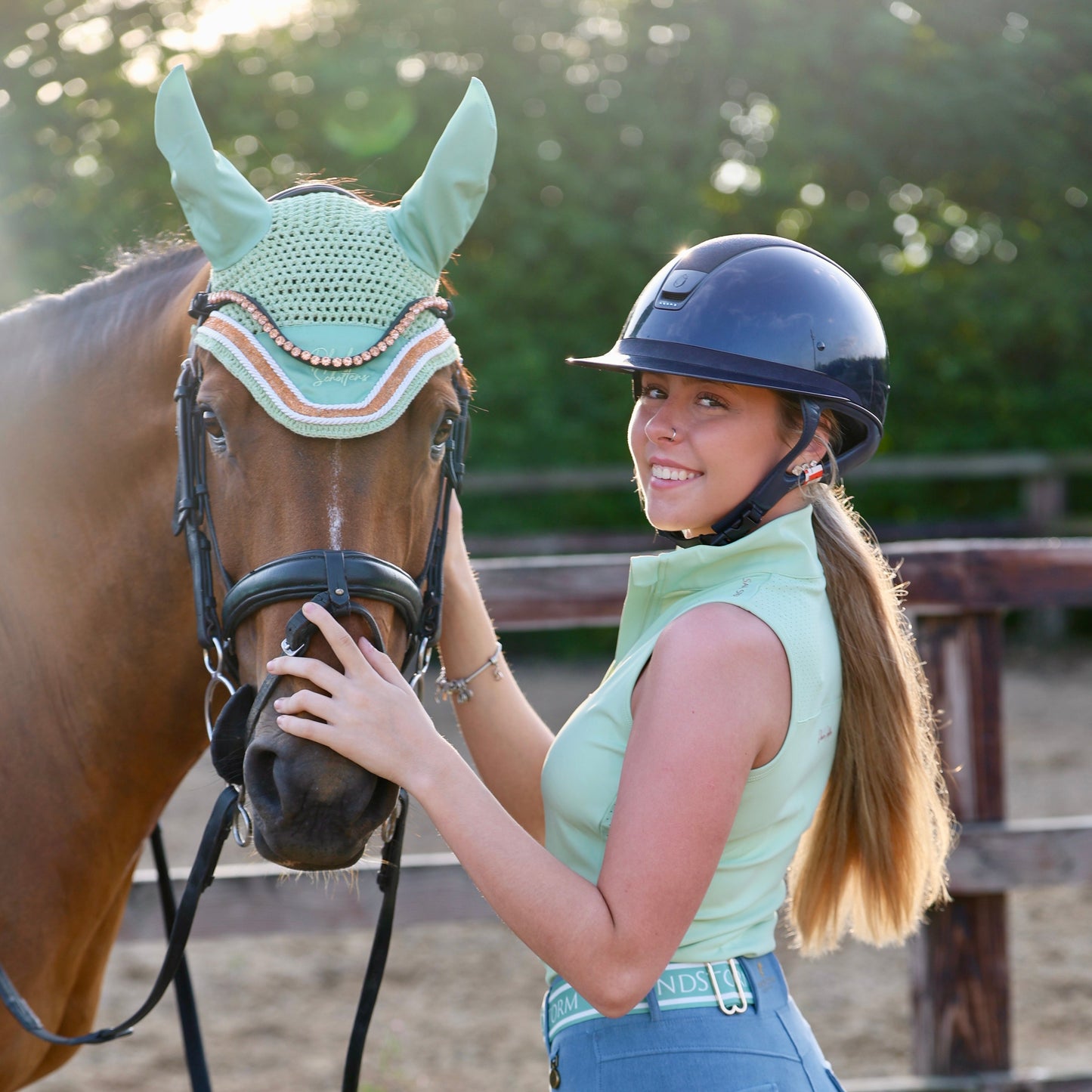 Sandstorm Equestrian X Phoebe Scholtens -  Ear Veil - Matcha Green with  Rose Gold Sparkle