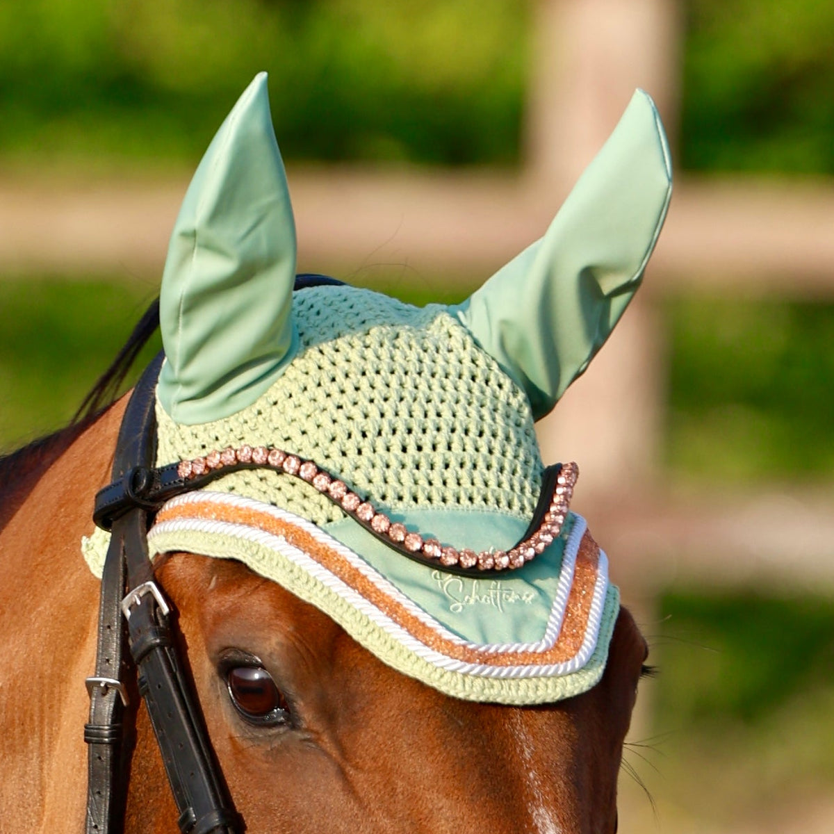 Sandstorm Equestrian X Phoebe Scholtens -  Ear Veil - Matcha Green with  Rose Gold Sparkle