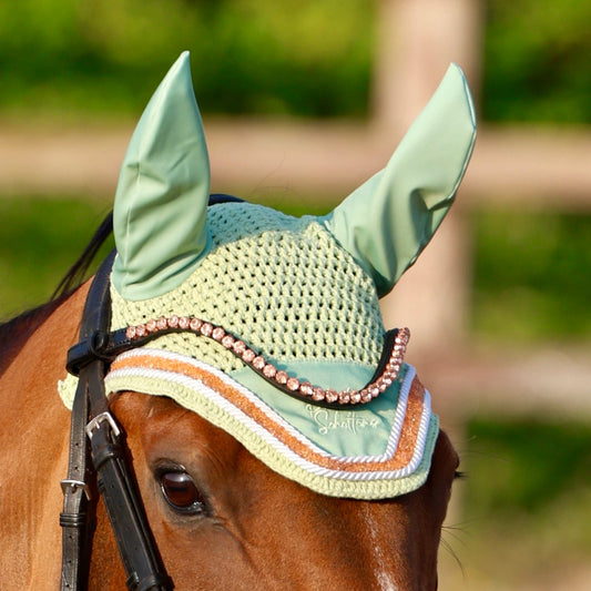Sandstorm Equestrian X Phoebe Scholtens -  Ear Veil - Matcha Green with  Rose Gold Sparkle