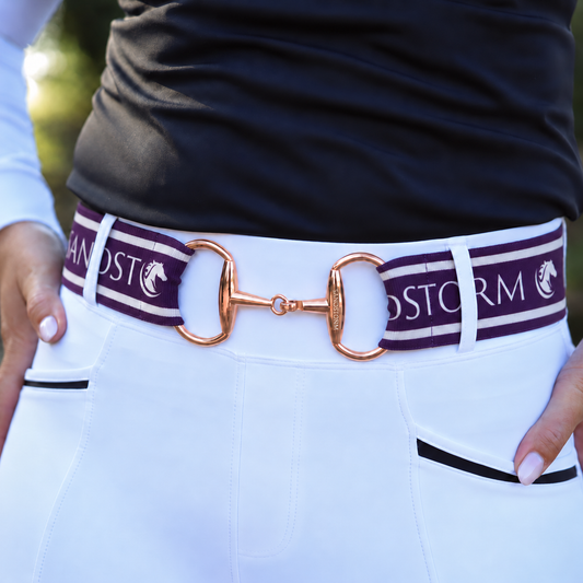 Sandstorm Equestrian - Gold Snaffle Belt - Plum Logo Print